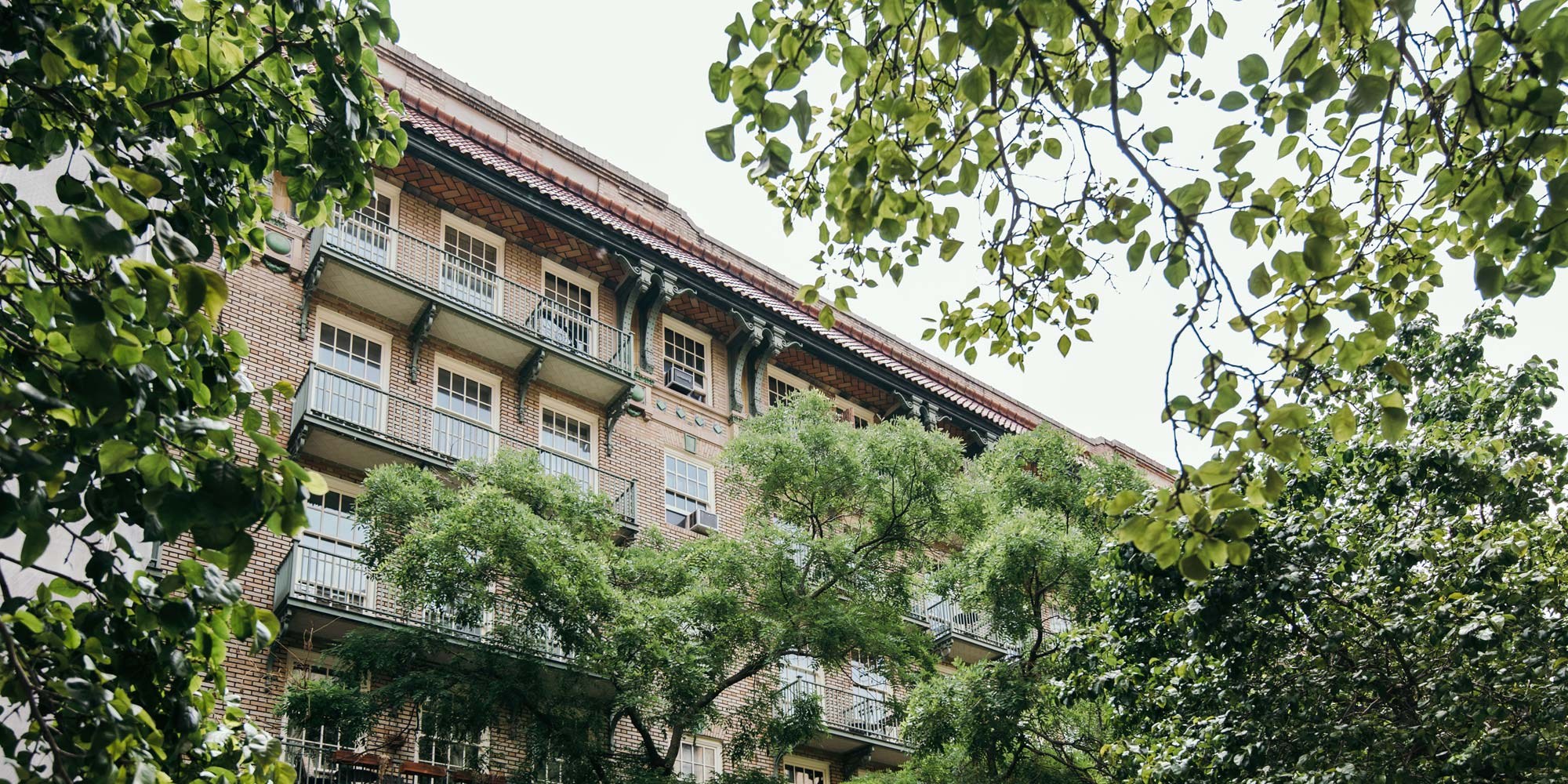 A residential building framed by mature trees